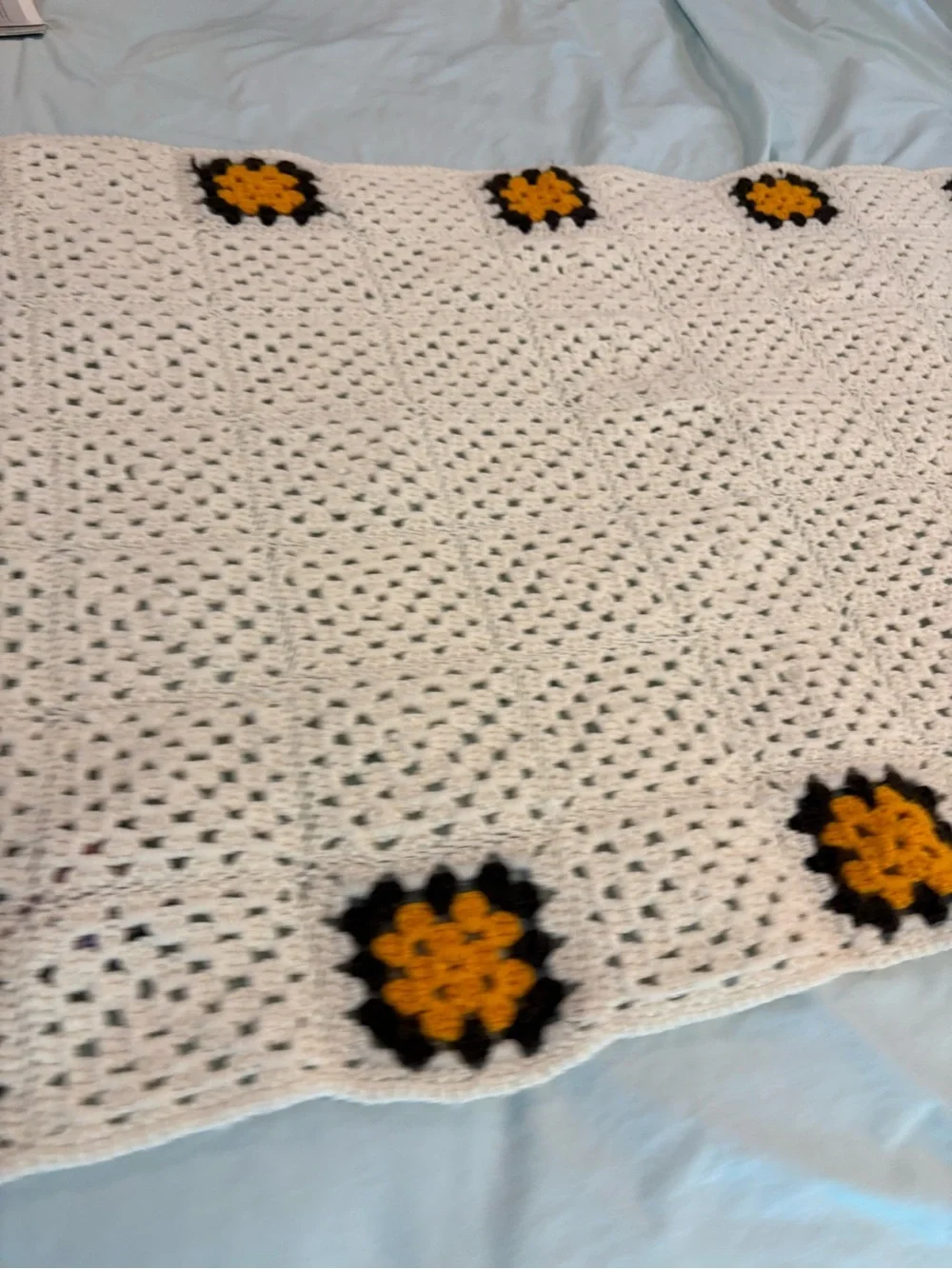Handmade Crochet Granny Square Throw Blanket Cream Mustard Brown Fringe 32x55